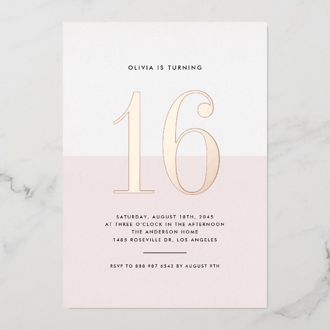 Modern Pink and White Sweet Sixteen Rose Gold Foil (Front)