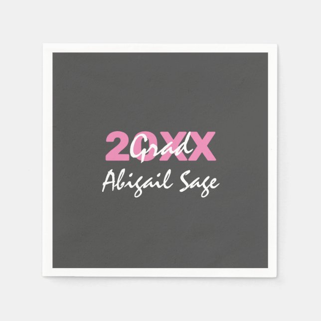 Modern Pink and White Text on Grey Graduation Napkin (Front)