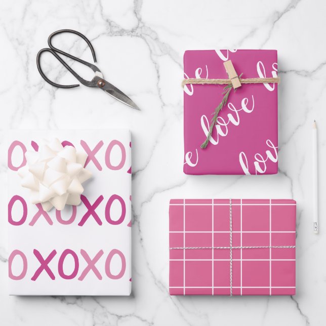 Modern Pink and White XOXO Love Valentine's Day Wrapping Paper Sheet (Front)