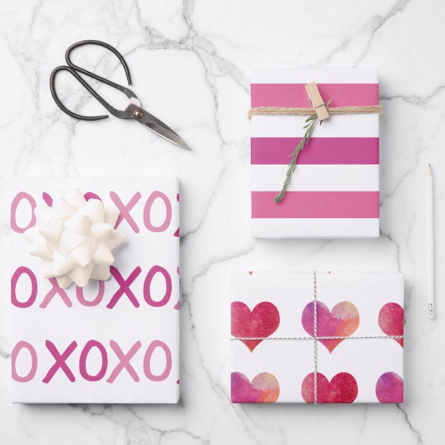 Modern Pink and White XOXO Stripes Valentine's Day Wrapping Paper Sheet (Front)
