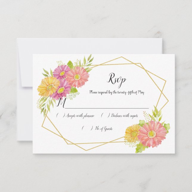 Modern Pink and Yellow Daisies Geometric RSVP (Front)