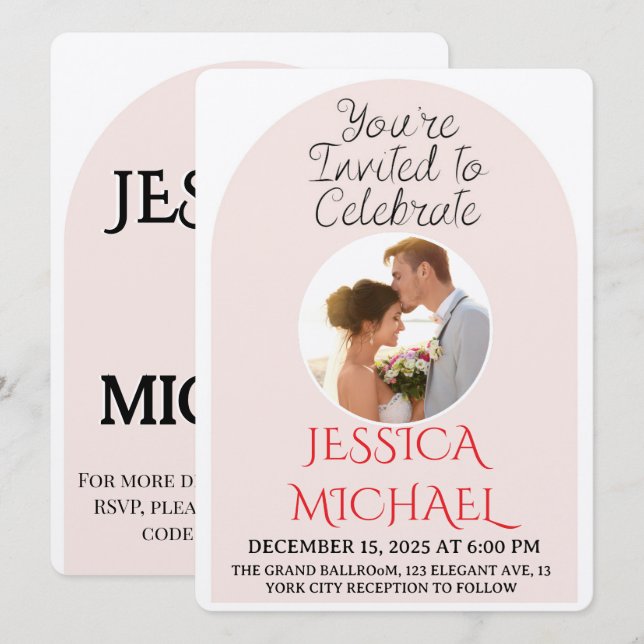 Modern Pink Arch Wedding Photo Invite with QR Code (Front/Back)