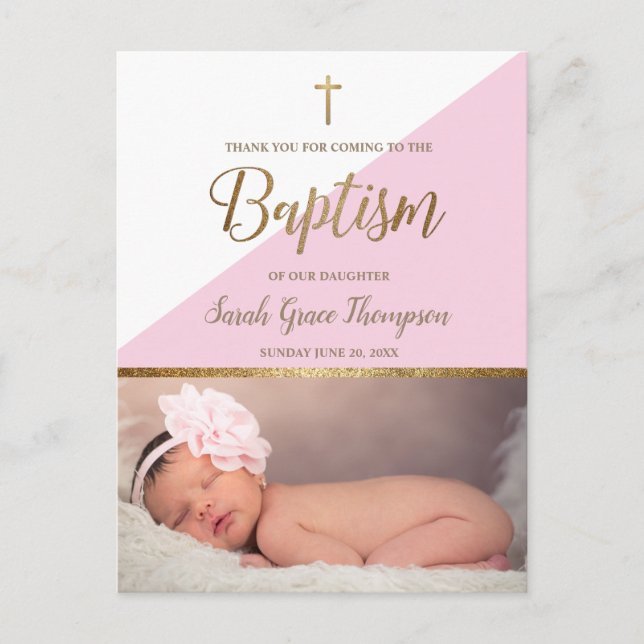 Modern Pink Baby Girl Photo Baptism Thank You Postcard (Front)