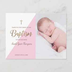 Modern Pink Baby Girl Photo Baptism Thank You Postcard