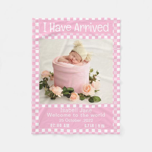 Modern Pink Baby Girl Photo Birth Announcement  Fleece Blanket (Front)