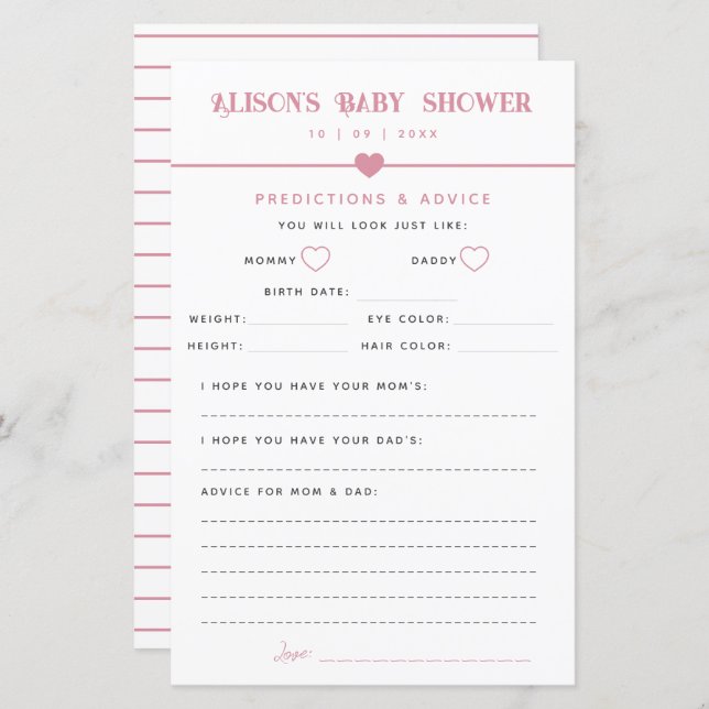 Modern Pink Baby Shower Advice and Predictions (Front/Back)