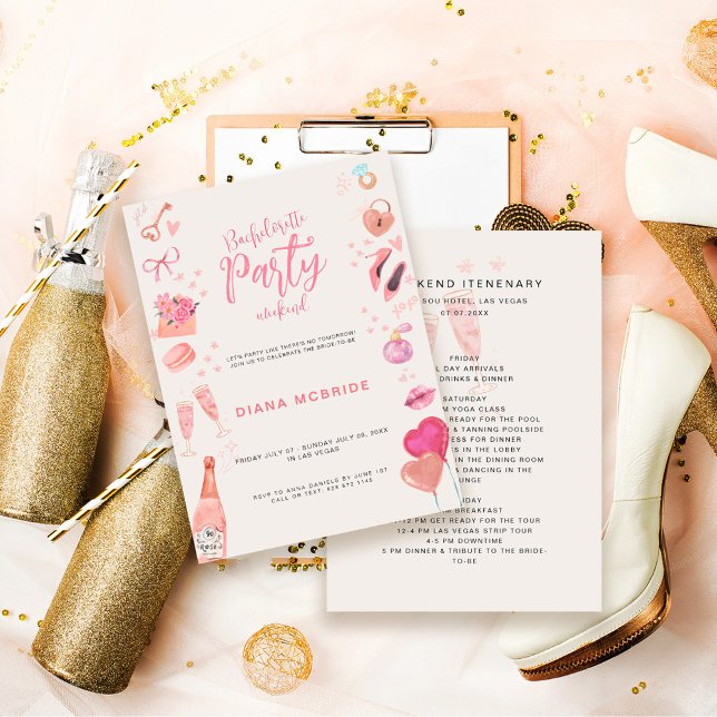 Modern Pink Bachelorette Party Weekend Itenerary Invitation (Creator Uploaded)