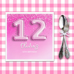 Modern Pink Balloon 12th Birthday for Girl Napkin