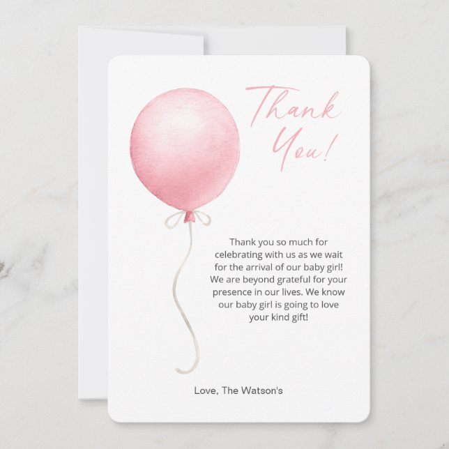Modern Pink Balloon Baby Shower Thank You Card (Front)