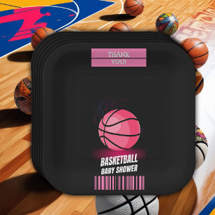 Modern Pink Basketball Ticket Ball Baby Shower Paper Plate