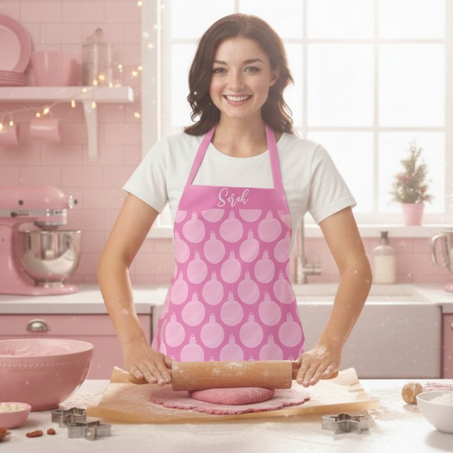 Modern Pink Bauble Pattern Christmas Apron (A fun and festive Christmas ornament pattern pink apron )