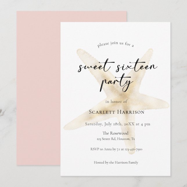 Modern Pink Beach Sweet Sixteen Party Invitation (Front/Back)