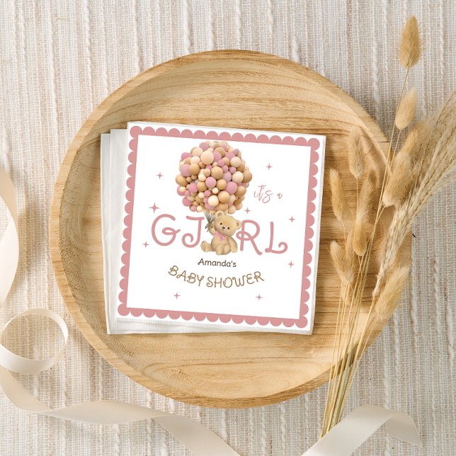 Modern Pink Bear Balloons baby girl shower Napkin (Creator Uploaded)