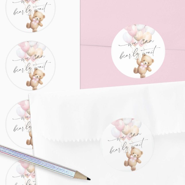 Modern Pink Bearly wait Baby Girl Shower Classic Round Sticker (Pink We Can Bearly Wait, baby girl Shower Envelope Seals.)