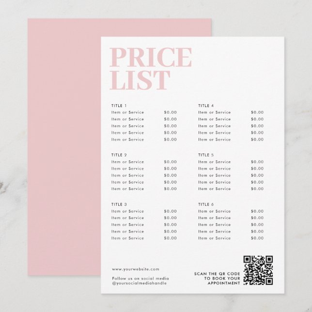 Modern Pink Beauty Price List Menu Small Business (Front/Back)