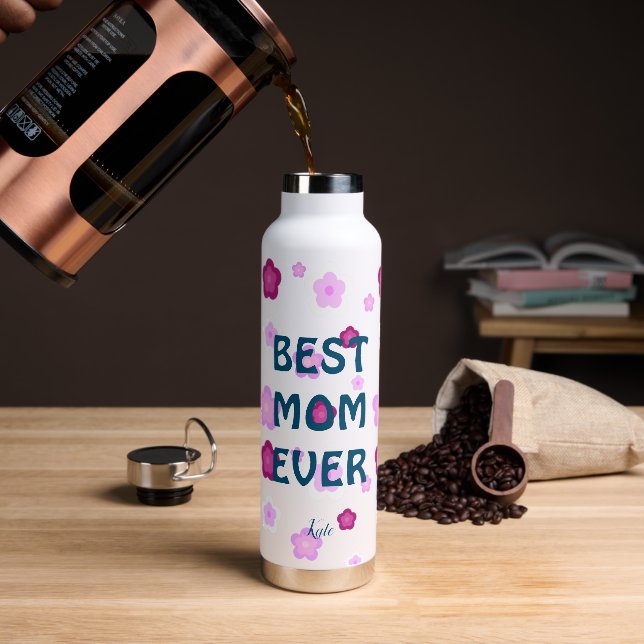Modern pink best mum ever cute flower pattern water bottle (Coffee)