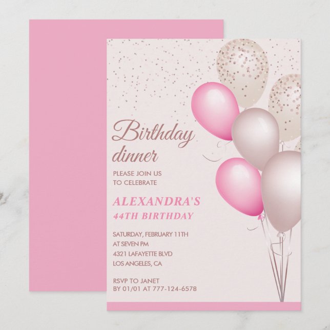 Modern Pink Birthday dinner 44th birthday Invitation (Front/Back)