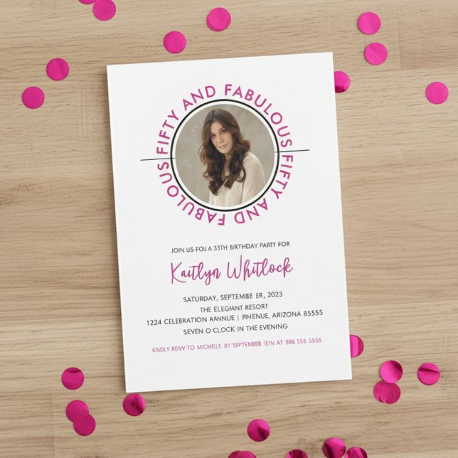 Modern Pink Black 50 and Fabulous 50th Birthday Invitation (elegant modern pink black fifty and fabulous 50th birthday party invitation for her woman women)