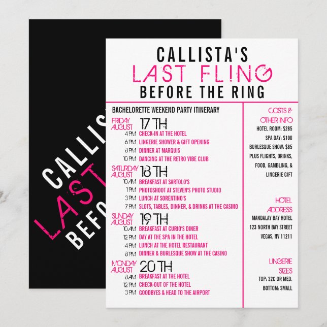 Modern Pink Black Bachelorette Party Itinerary Invitation (Front/Back)