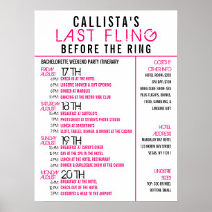 Modern Pink Black Bachelorette Party Itinerary Poster