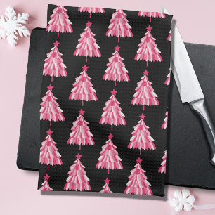 Modern Pink Black Christmas Tree Pattern Tea Towel