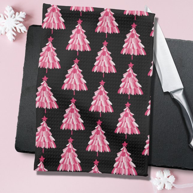 Modern Pink Black Christmas Tree Pattern Tea Towel (Black and pink christmas tree woodland Christmas kitchen tea towel.)