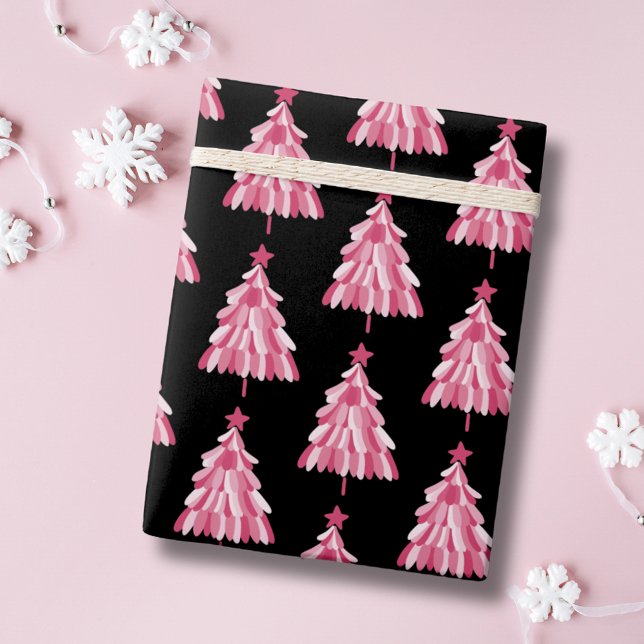 Modern Pink Black Christmas Tree Pattern Wrapping Paper (Pink and black Christmas tree wrapping paper.)