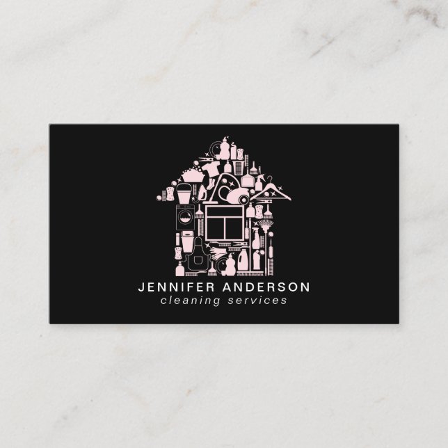 Modern Pink & Black Cleaning Services Business Card (Front)