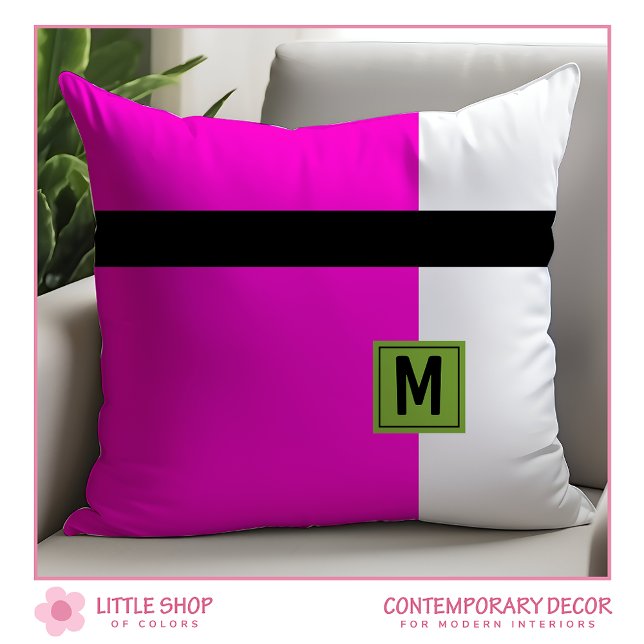 Modern Pink Black Colour Block Monogrammed Cushion (Creator Uploaded)
