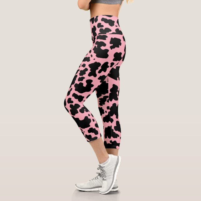 Modern Pink Black Cow Spots Print Cowgirl Capri Leggings (Left)