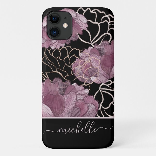 Modern Pink & Black Floral Pattern Monogrammed Case-Mate iPhone Case (Back)