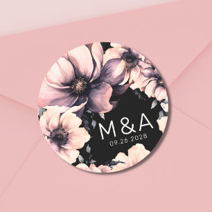 Modern Pink Black Floral Wedding Classic Round Sticker
