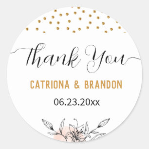 Modern Pink & Black Flower Gold Dots Thank You Classic Round Sticker