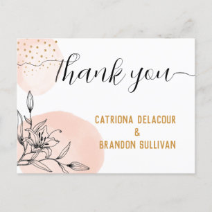 Modern Pink & Black Flower Gold Dots Wedding Invit Postcard