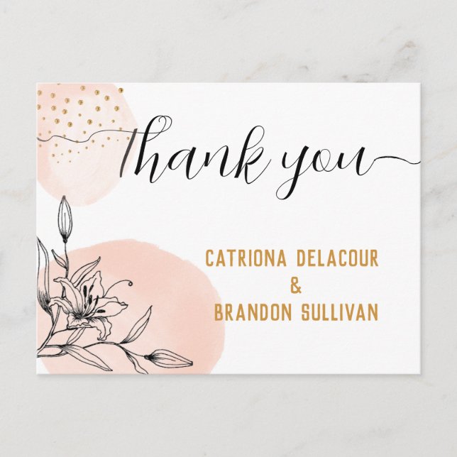 Modern Pink & Black Flower Gold Dots Wedding Invit Postcard (Front)