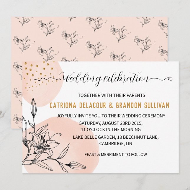 Modern Pink & Black Flower Gold Dots Wedding Invitation (Front/Back)
