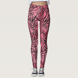 Modern Pink Black Foliage Pattern Stylish Yoga Leggings
