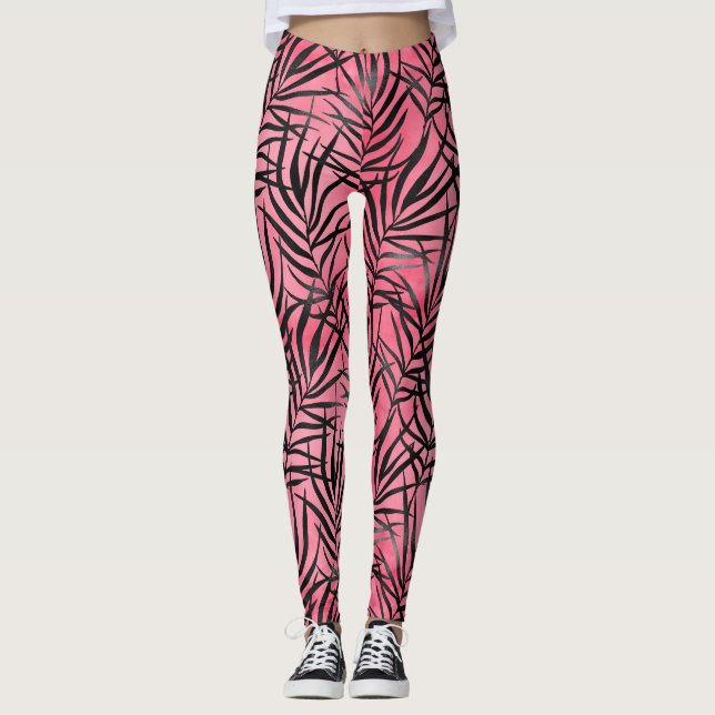 Modern Pink Black Foliage Pattern Stylish Yoga Leggings (Front)