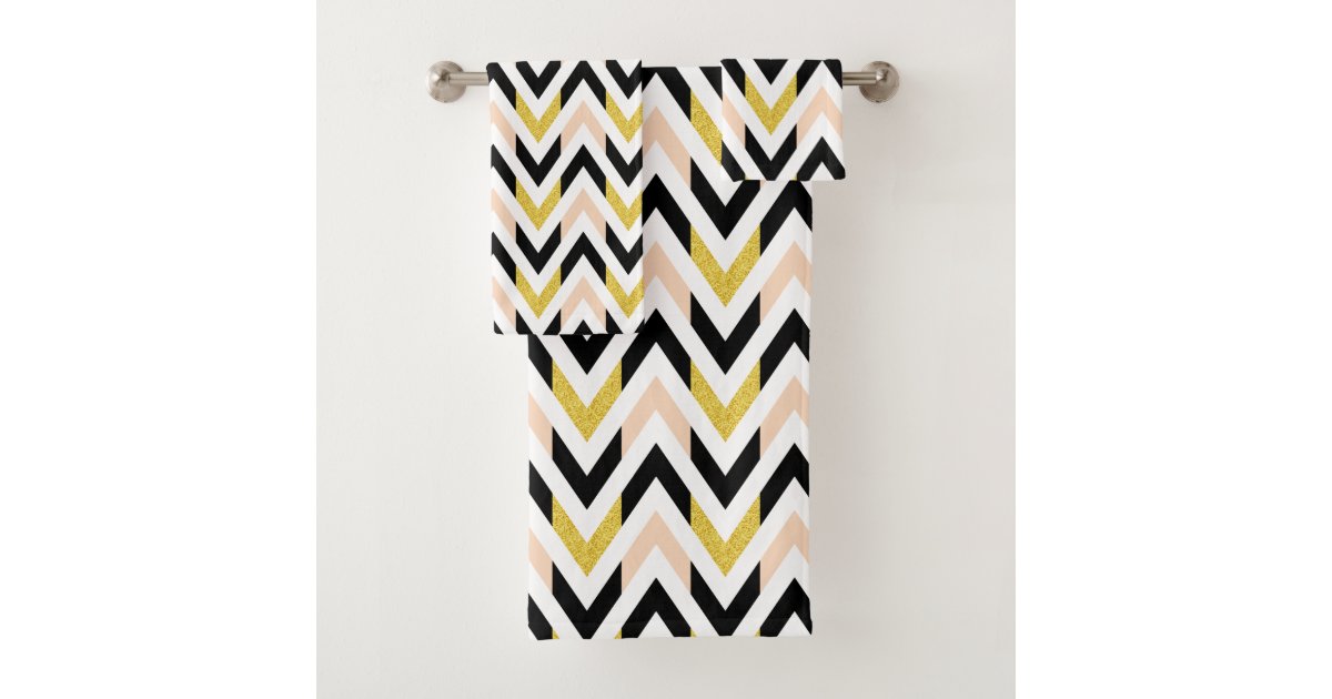Modern Pink Black Gold White Chevron Pattern Bath Towel Set | Zazzle