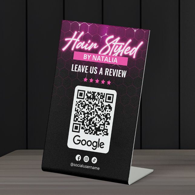 Modern Pink Black Hair Salon Google Review QR Code Pedestal Sign (Creator Uploaded)