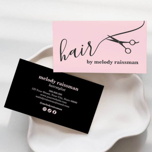 Modern Pink Black Hairstylist Script Business Card (Creator Uploaded)