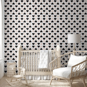 Modern Pink Black Love Hearts Pattern Nursery  Wallpaper