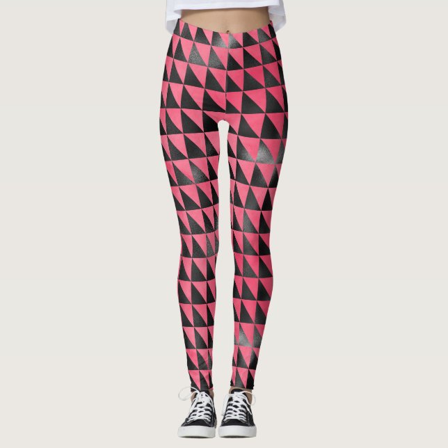 Modern Pink Black Metallic Shiny Geometric Yoga Leggings (Front)