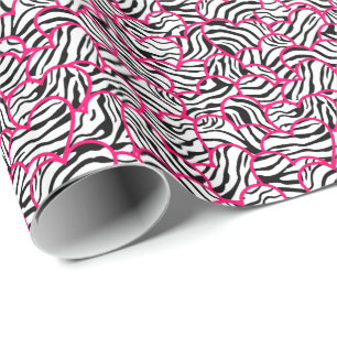 Modern Pink Black Modern Zebra Hearts Pattern Wrapping Paper