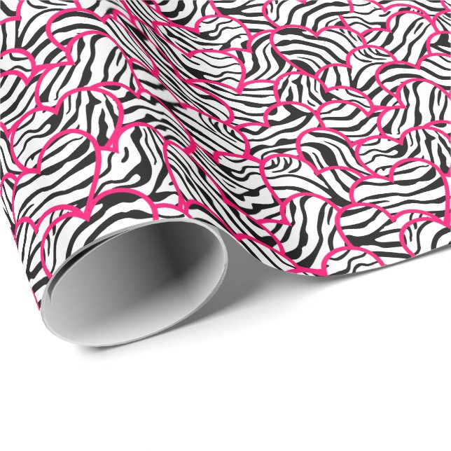 Modern Pink Black Modern Zebra Hearts Pattern  Wrapping Paper (Roll Corner)