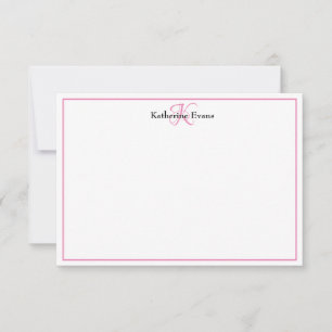 Modern Pink Black Monogram Name Note Card
