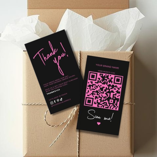 Modern pink black order thank you QR code Business Card (Creator Uploaded)