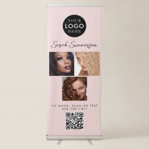 Modern Pink Black Script QR Code Hair Stylist Retractable Banner