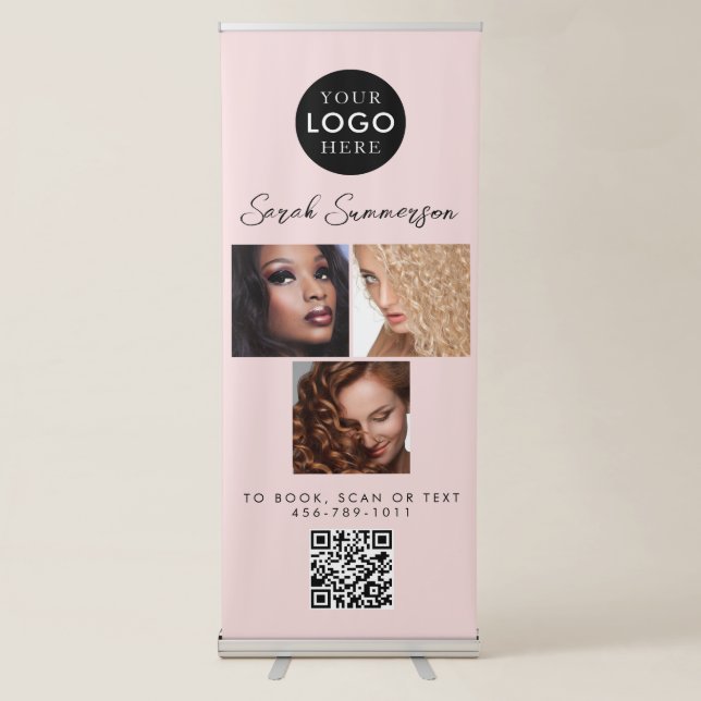 Modern Pink Black Script QR Code Hair Stylist Retractable Banner (Front)
