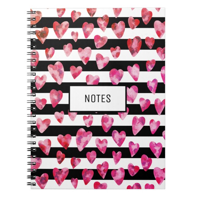 Modern Pink Black Striped Love Heart Personalised Notebook (Front)